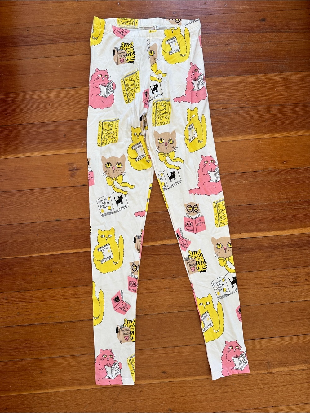 NWT Mini Rodini White Leggings with Pink & Yellow Cat Print